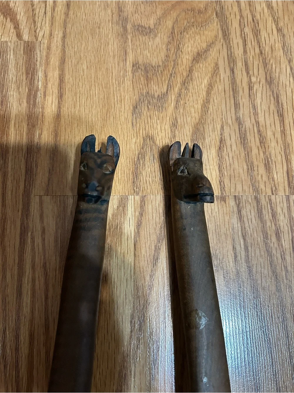 Vintage Hand-Carved African Wooden Salad Servers - Giraffe Finial - Set of 2